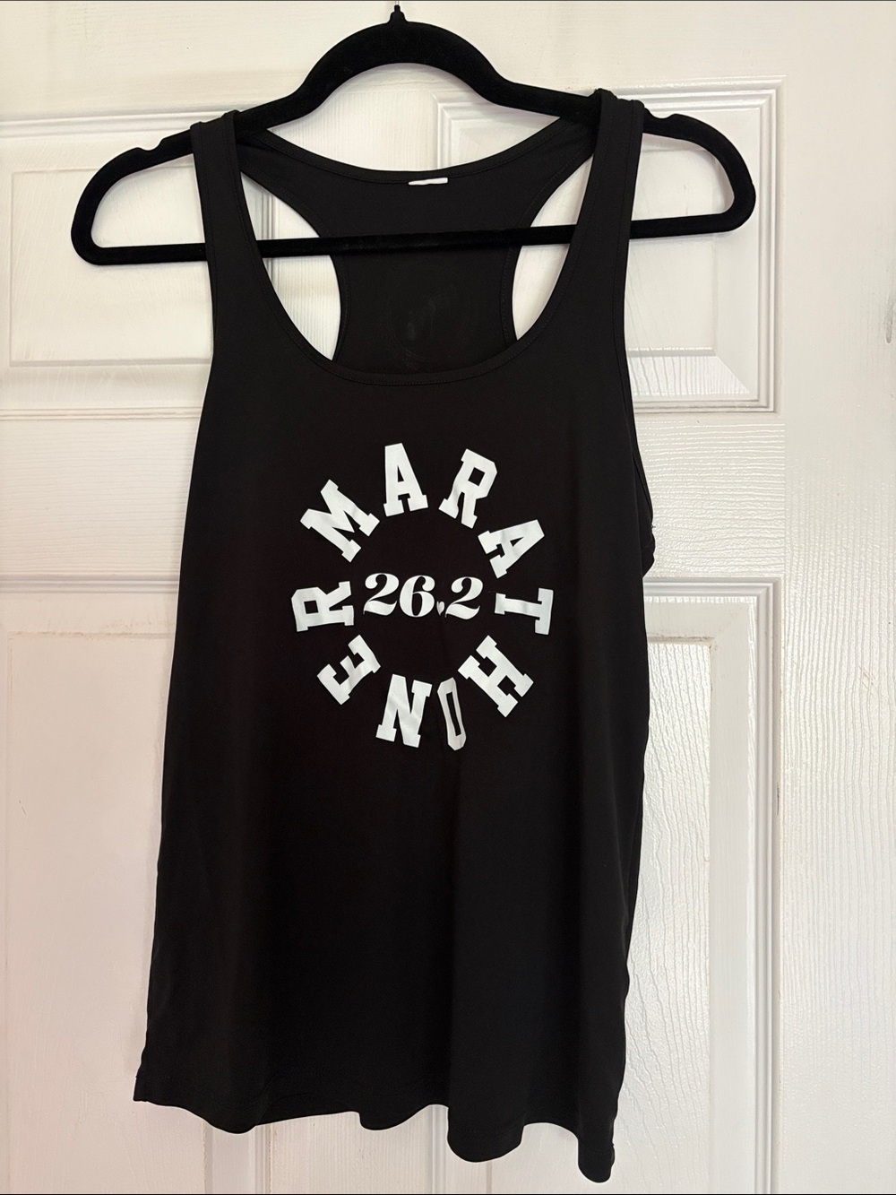 Black Racerback Tank Top with White 'MARATHONER 26.2' Graphic